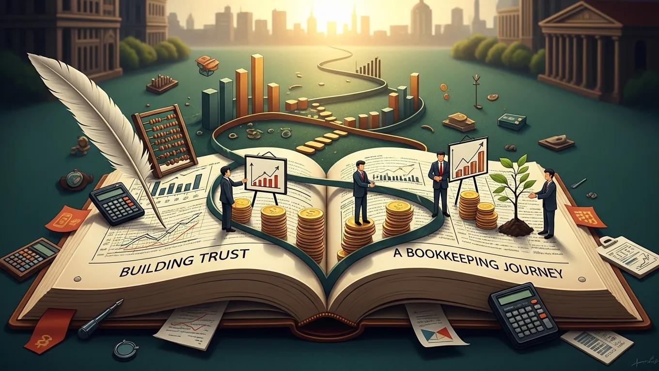 Illustration of an open book reading Building Trust and A Bookkeeping Journey, surrounded by growth charts, stacks of coins, a calculator and an abacus, with a path winding toward a distant city skyline.